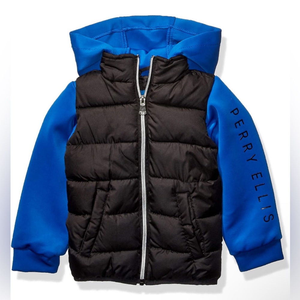 Perry Ellis Kids Neoprene Quilted Hooded Jacket PB933011 Black/Blue Size 18